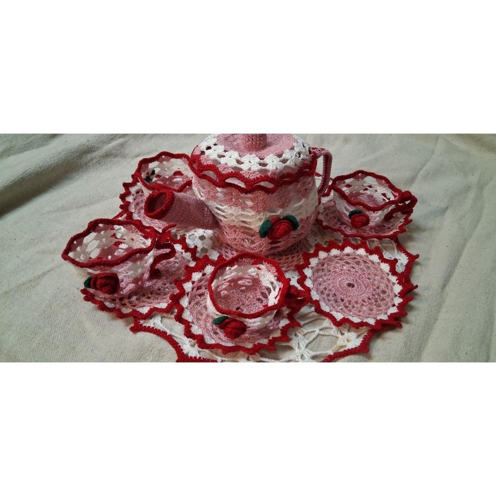 Vintage Crochet Tea Set Hand Made Tea Pot Cup Saucer Set Rose Pattern